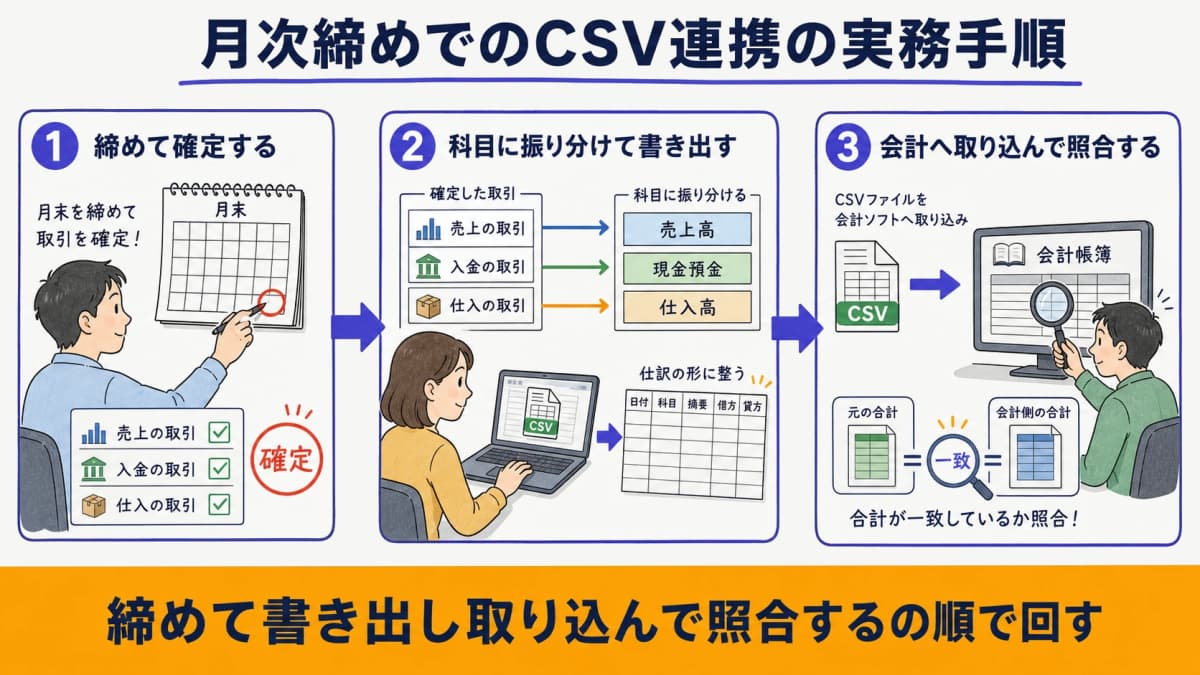 月次締めでのCSV連携を3ステップで示した実務手順の図