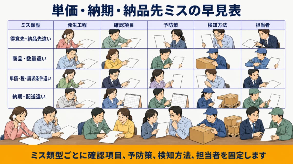 得意先・商品・単価・納期・納品先の受注ミスと予防策を対応させた図