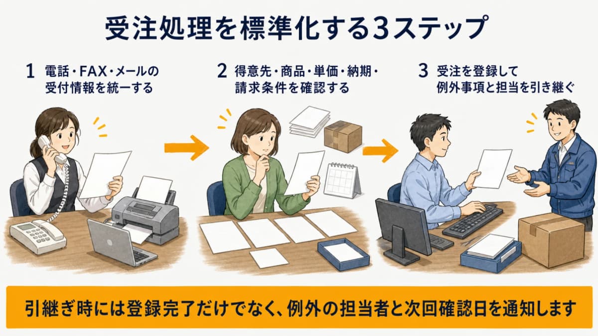 受付情報の統一・基本項目の確認・例外を含む受注登録の3ステップ