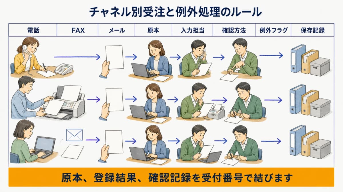 電話・FAX・メールごとの原本・確認方法・例外フラグ・保存記録を整理した図