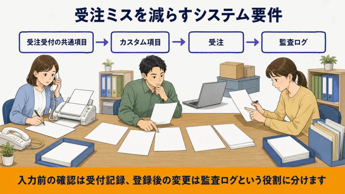 受注受付の共通項目・カスタム項目・監査ログを結ぶシステム要件