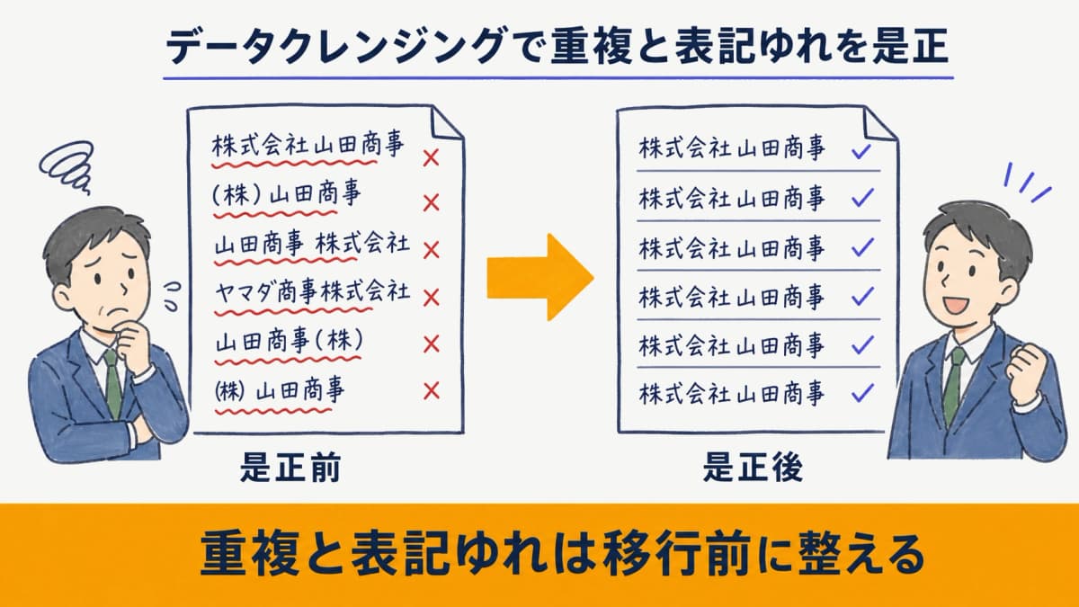 取引先マスタの重複と表記ゆれを是正するデータクレンジングの前後を示した比較図
