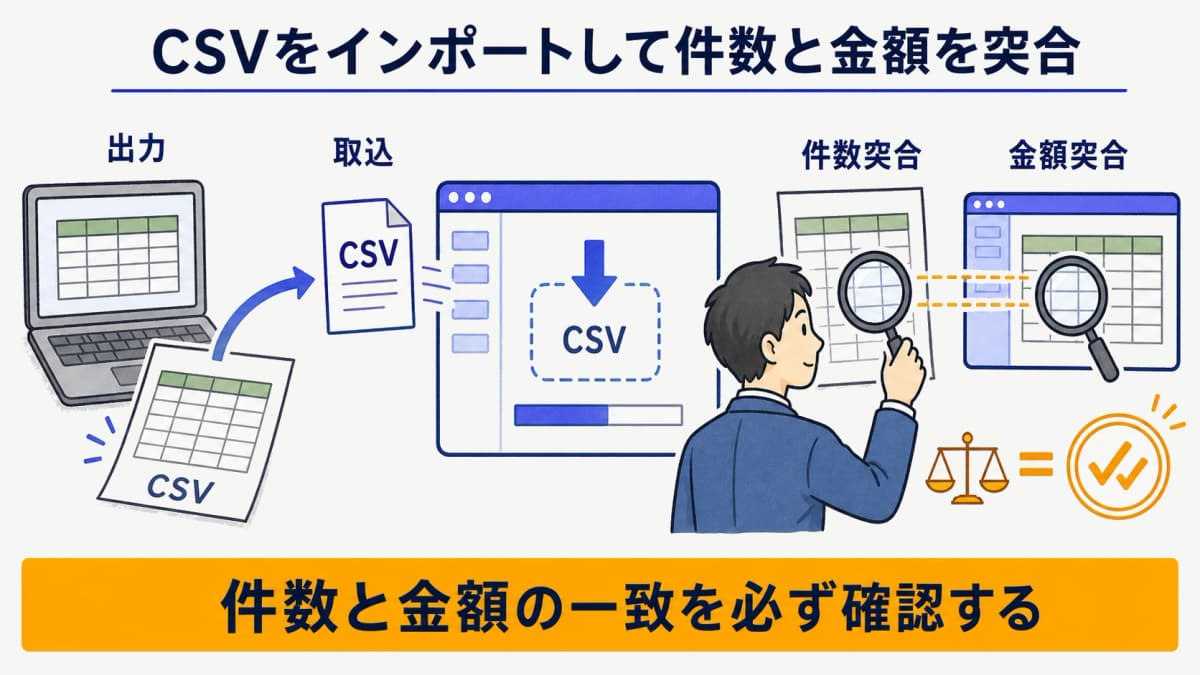旧システムからのCSV出力を新システムへインポートし件数と金額を突合する検証フローの図