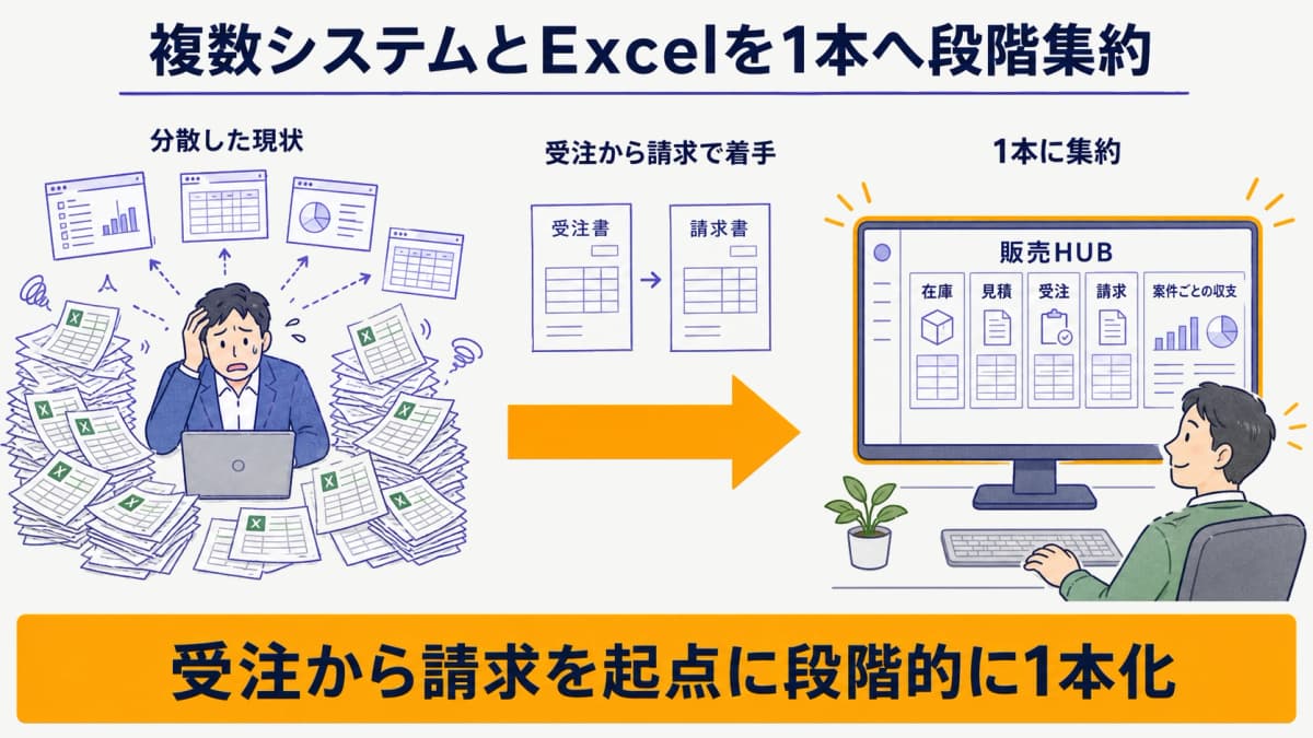 分散した複数システムとExcelを受注〜請求から段階的に販売HUB1本へ集約する移行イメージ図