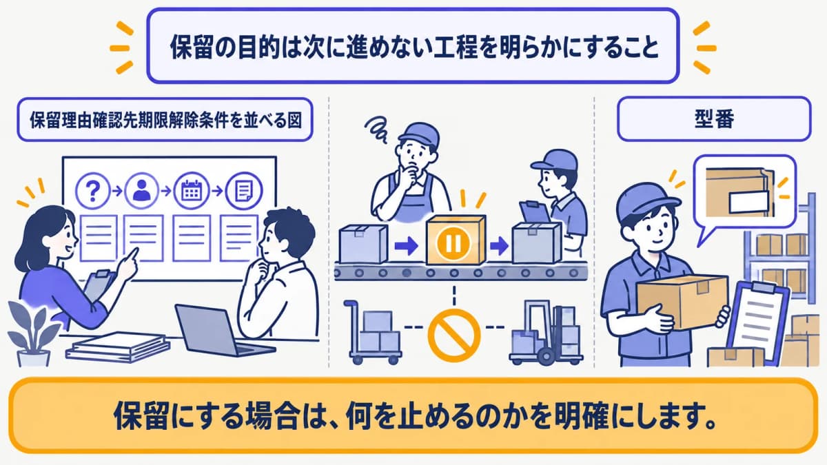 保留理由確認先期限解除条件を並べる図