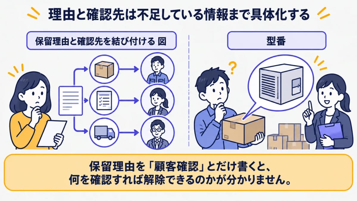 保留理由と確認先を結び付ける図