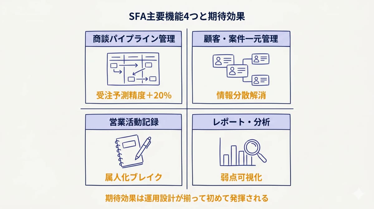 SFAの主要機能4つと期待効果の対応マップ