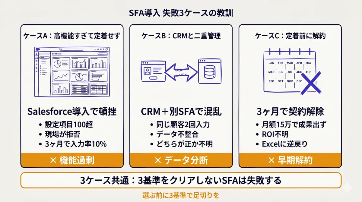 SFA導入失敗3ケース(高機能すぎ・二重管理・定着前解約)の教訓マップ