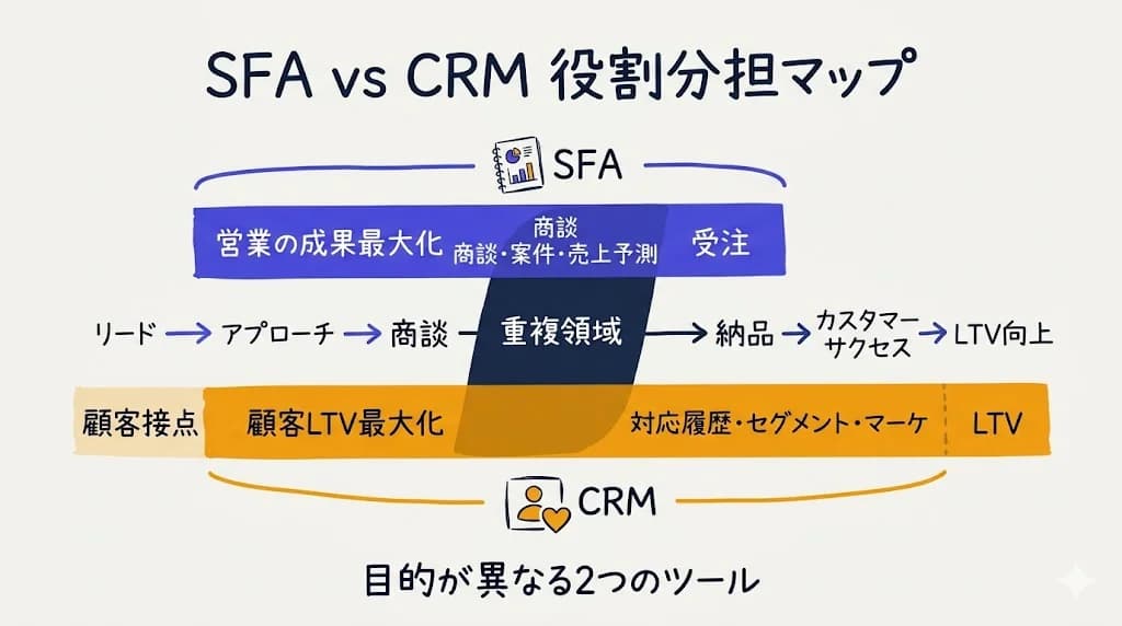 SFA vs CRM 役割分担マップ
