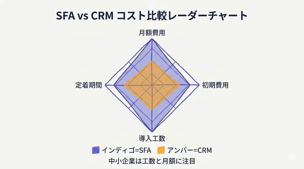 SFA vs CRM コスト比較レーダーチャート