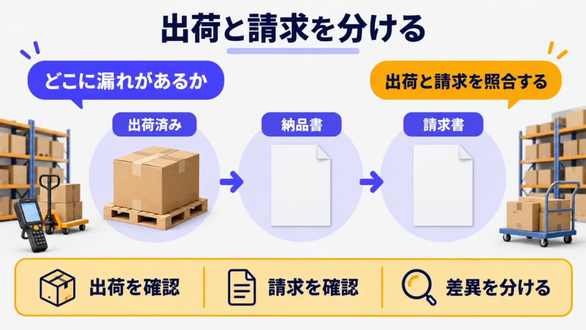 出荷済みと未請求を照合する段ボール箱と請求書
