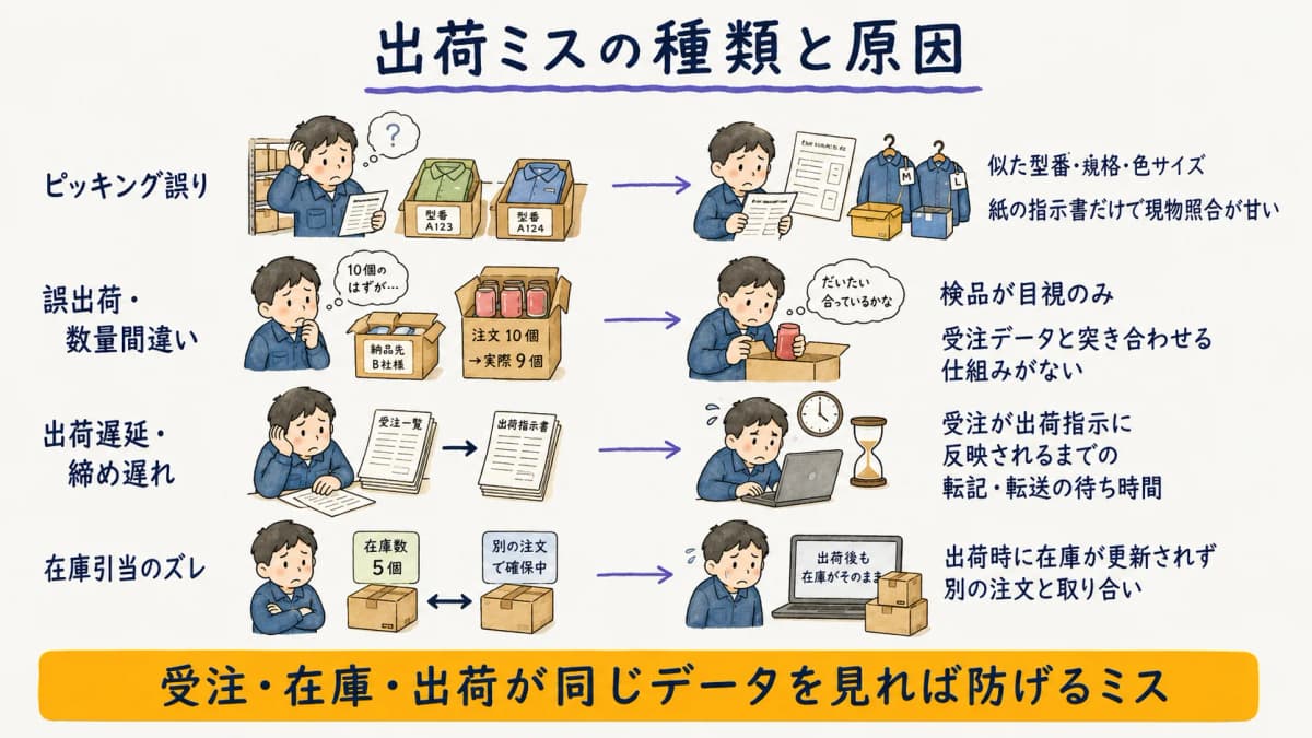 出荷ミスの種類と原因を対応づけた図