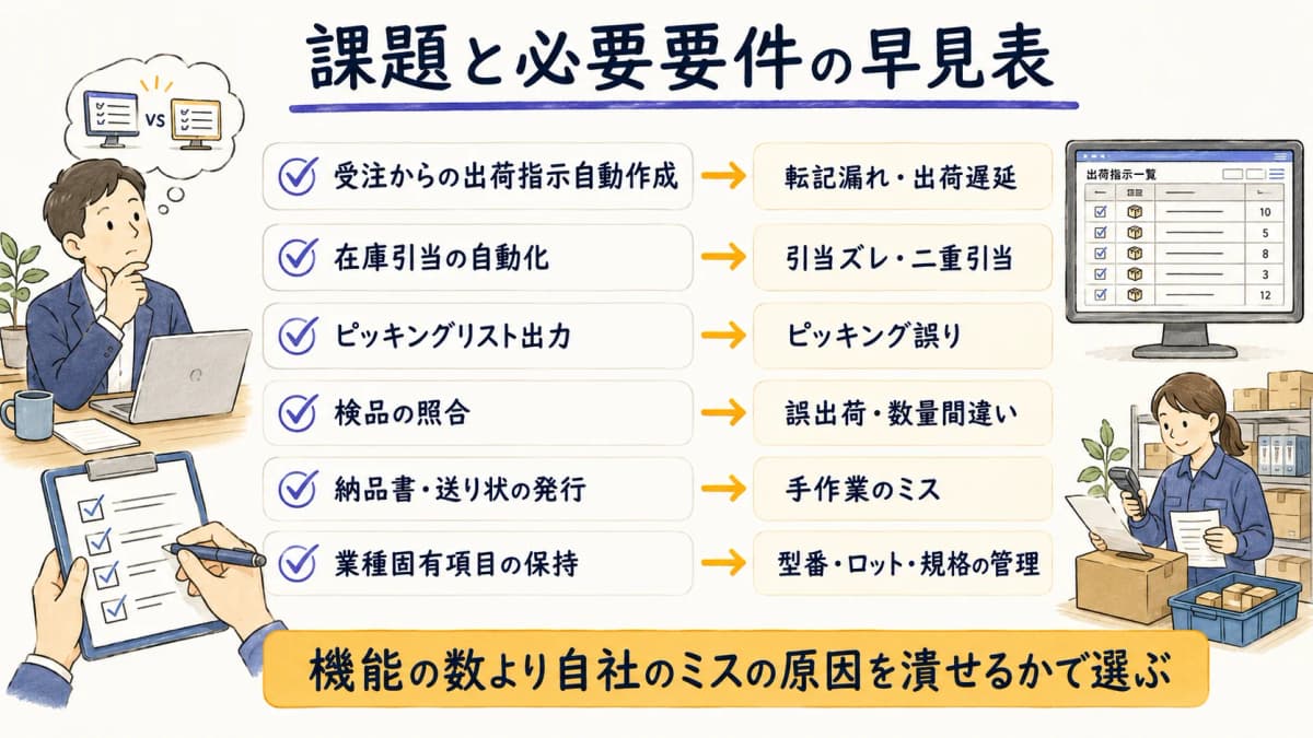 課題と必要要件を対応づけた選び方の早見表イメージ