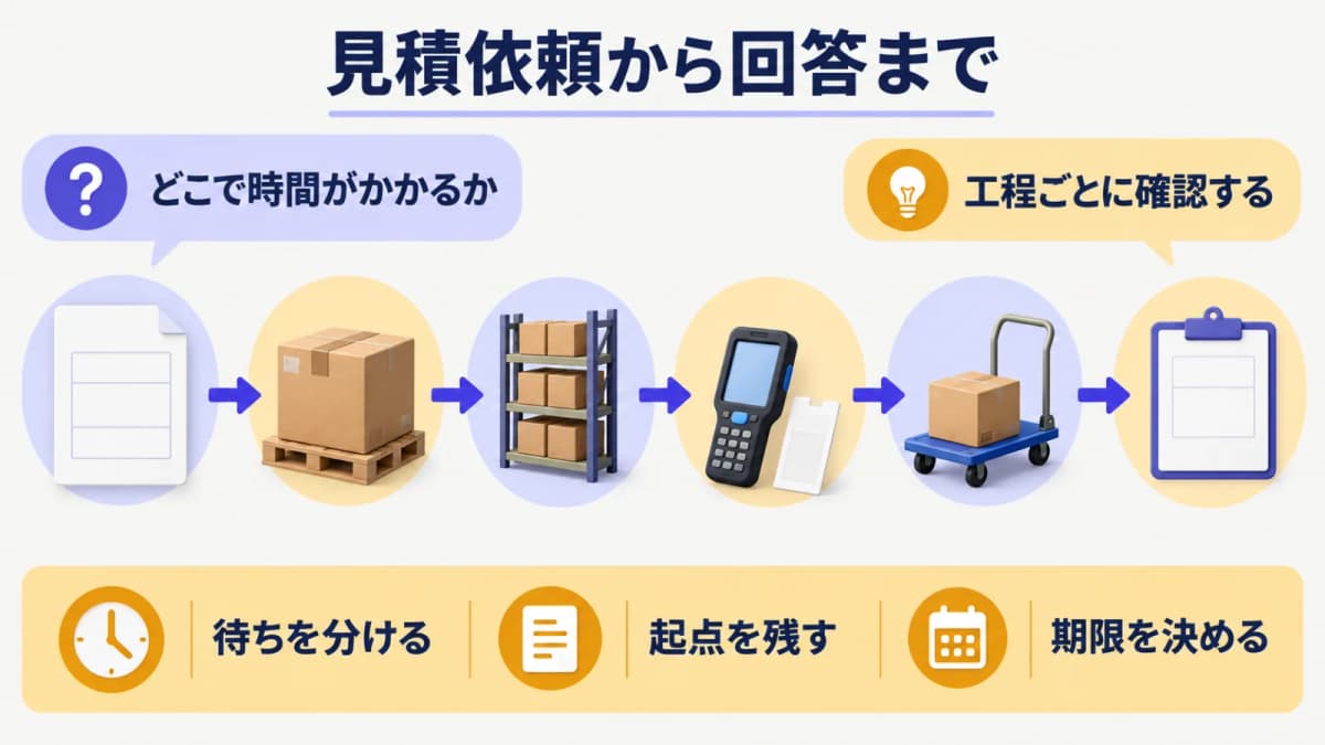 見積依頼から回答までを並べた伝票と段ボール箱