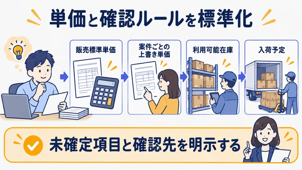 単価と在庫を並べて確認する保管棚と電卓