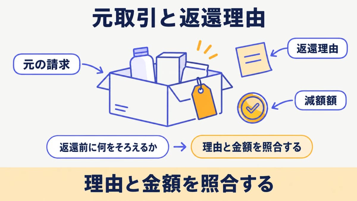 元の請求書と返品理由を照合して減額対象を特定する手順