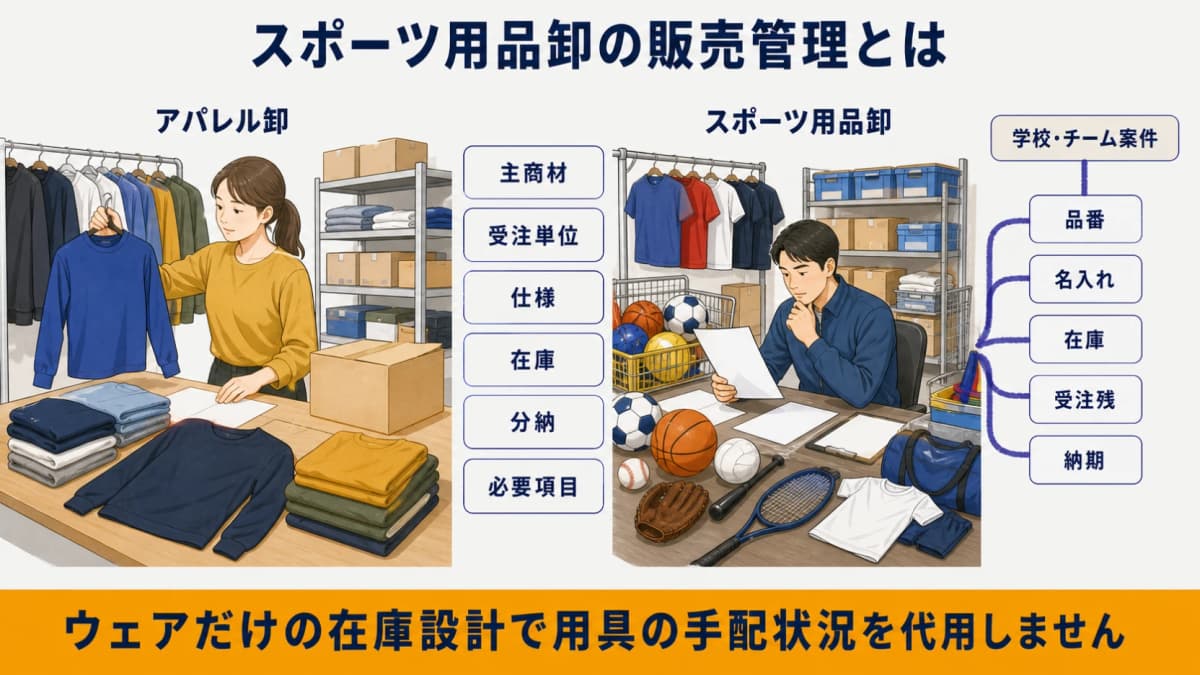 学校・チーム案件に品番・名入れ・在庫・受注残・納期を結ぶ全体図