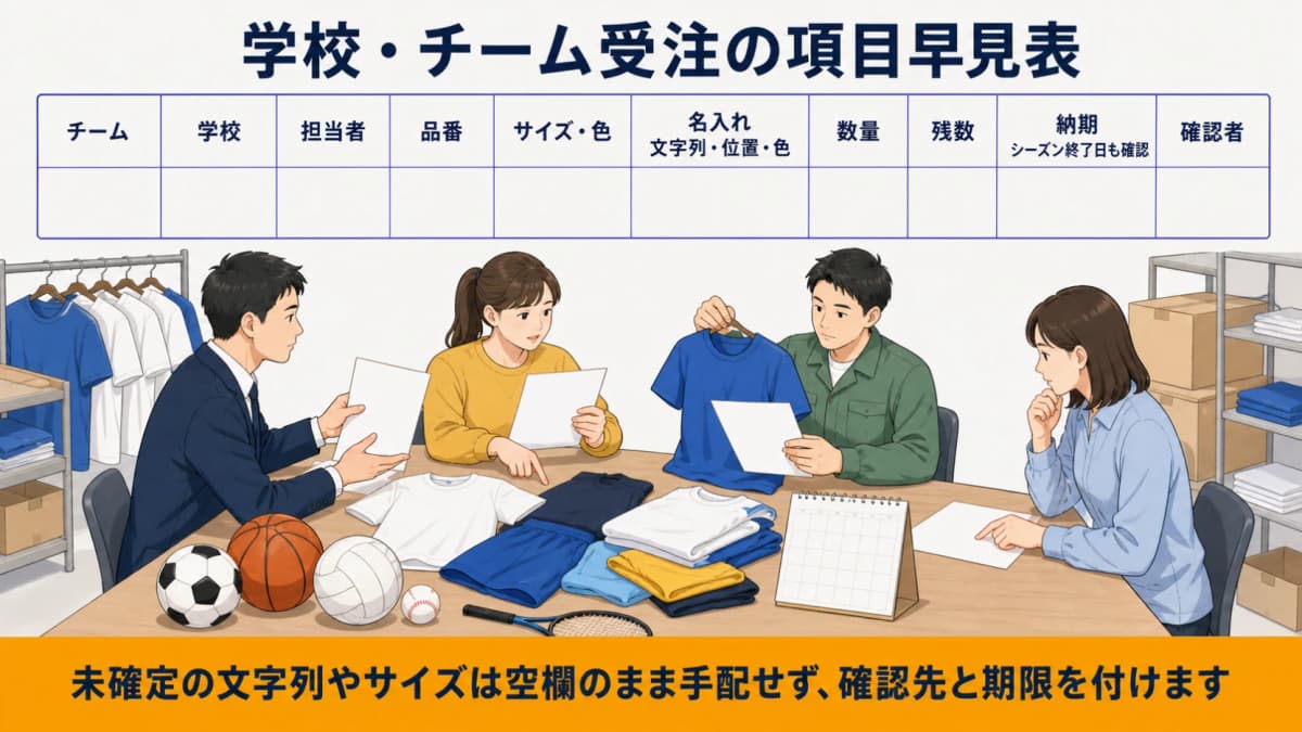 学校・チーム・担当者・品番・サイズ色・名入れ・数量・残数・納期を整理する図