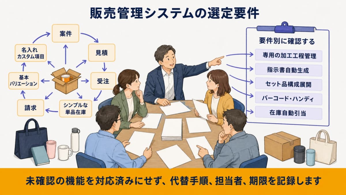 案件・見積・受注・在庫・請求と名入れカスタム項目の対応範囲を示す図