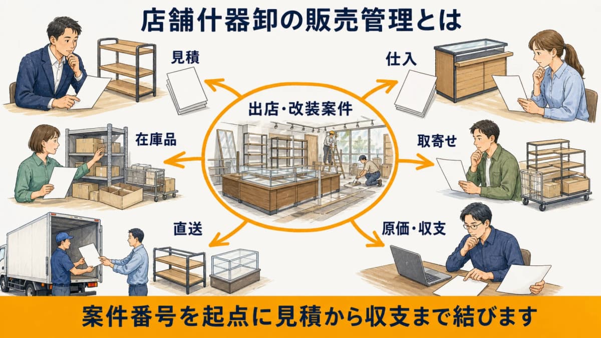 出店・改装案件に見積・仕入・在庫品・取寄せ・直送・収支を結ぶ全体図