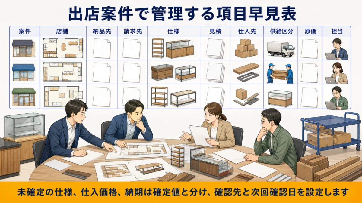 店舗案件・納品先・請求先・仕様・見積・仕入・供給区分・原価・担当を整理する図
