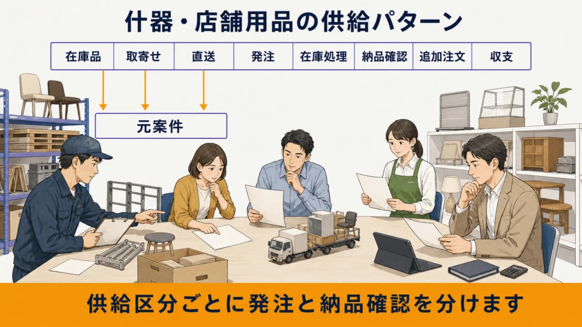 在庫品・取寄せ品・メーカー直送の発注・在庫・納品・追加注文・収支を比較する図