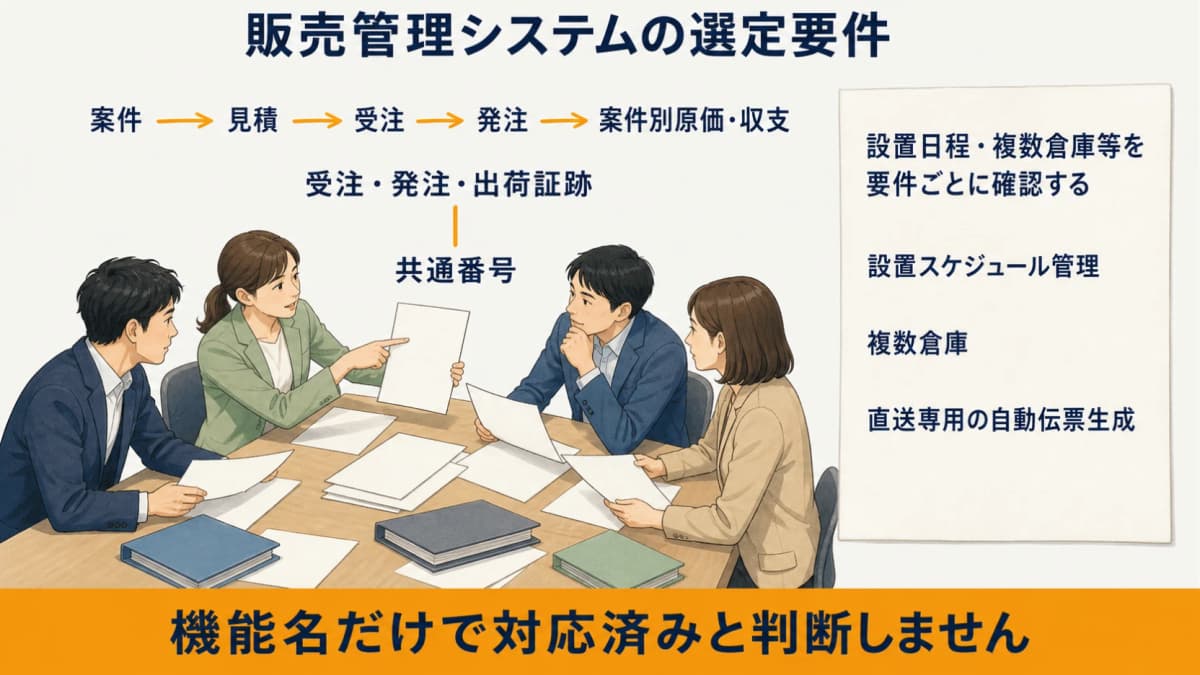案件・見積・受注・発注・原価・収支と未対応の設置日程・複数倉庫を区別する図
