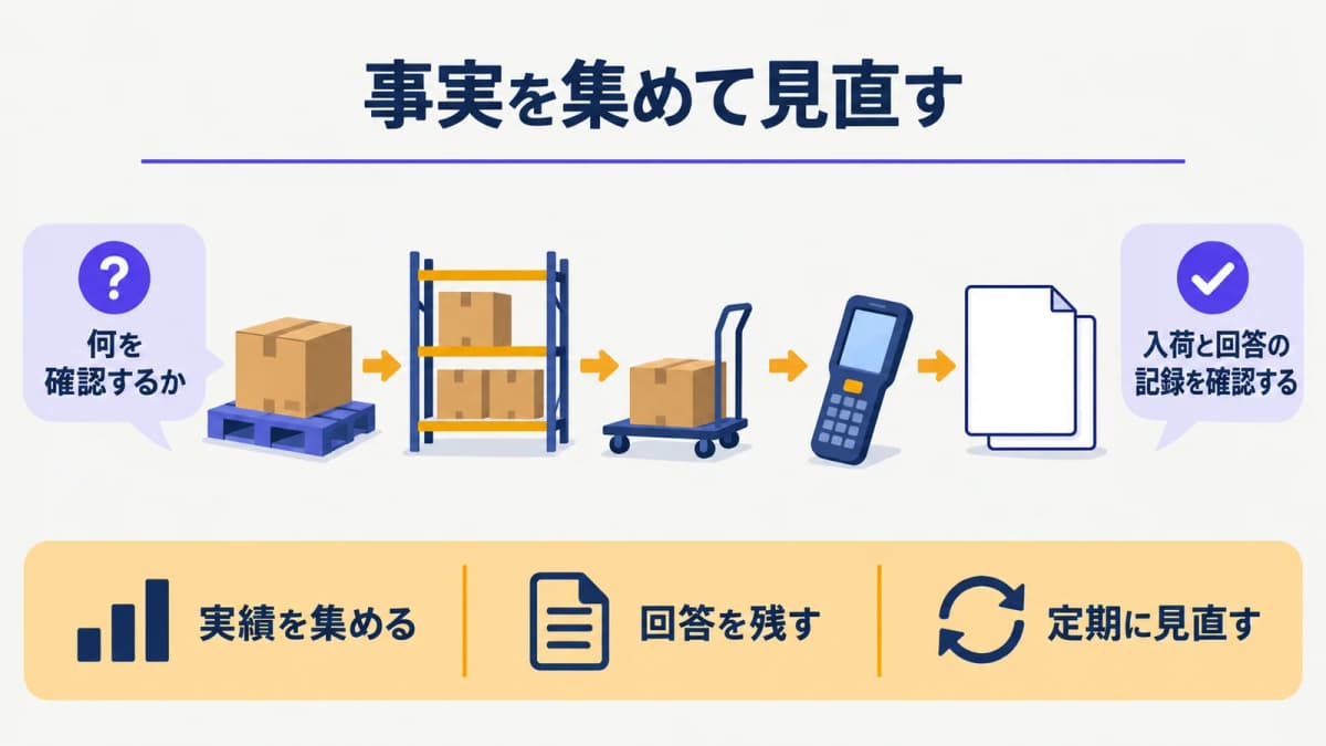 入荷予定と回答記録を確認するパレットと伝票