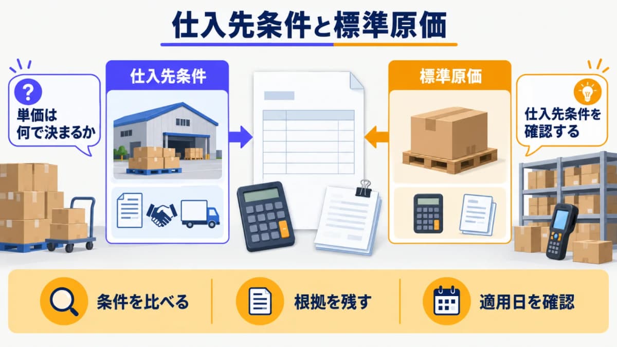 仕入先別条件と標準原価を並べた発注書と電卓
