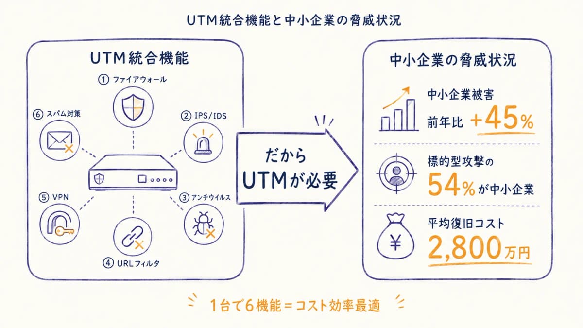 UTMの統合機能と中小企業被害増加の背景(相関図)