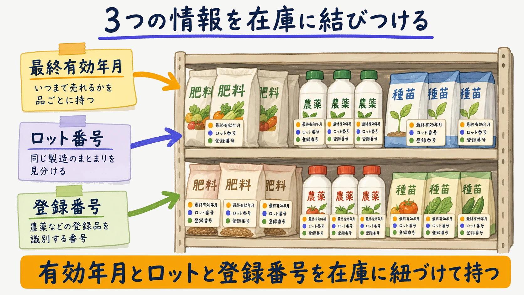最終有効年月・ロット番号・登録番号の3属性を在庫と結びつける考え方を示した図