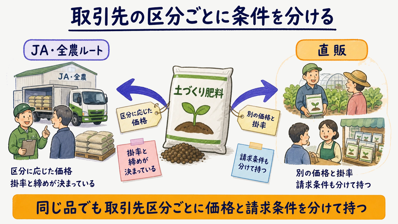 JA・全農ルートと直販で価格・掛率・請求条件を区分ごとに分けて管理する構造の図