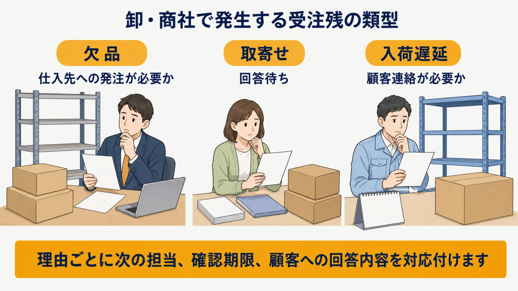 欠品・取寄せ・入荷遅延を理由と次の行動で分ける図