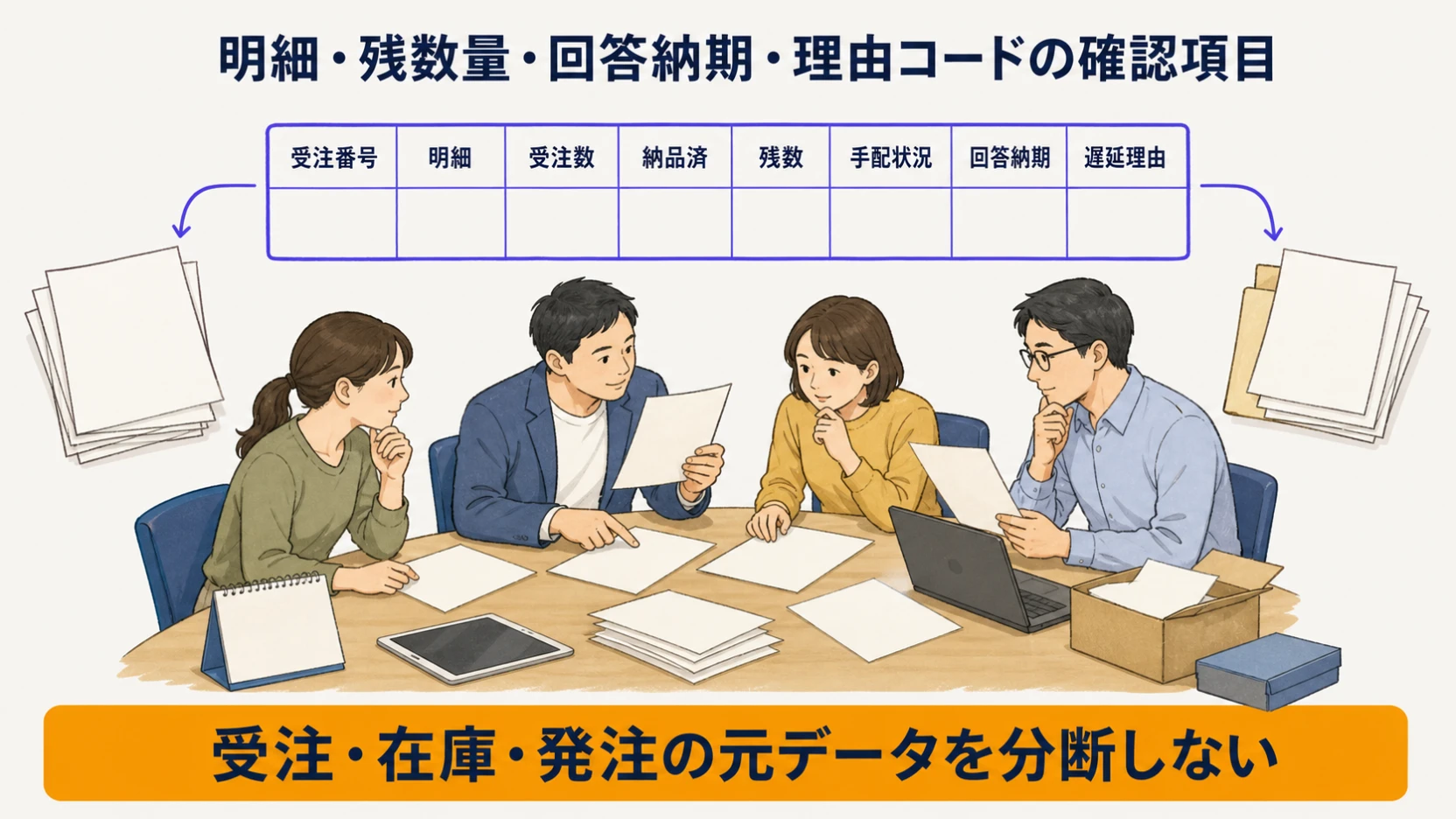 受注明細と在庫・発注の元データをつないで受注残を確認する図