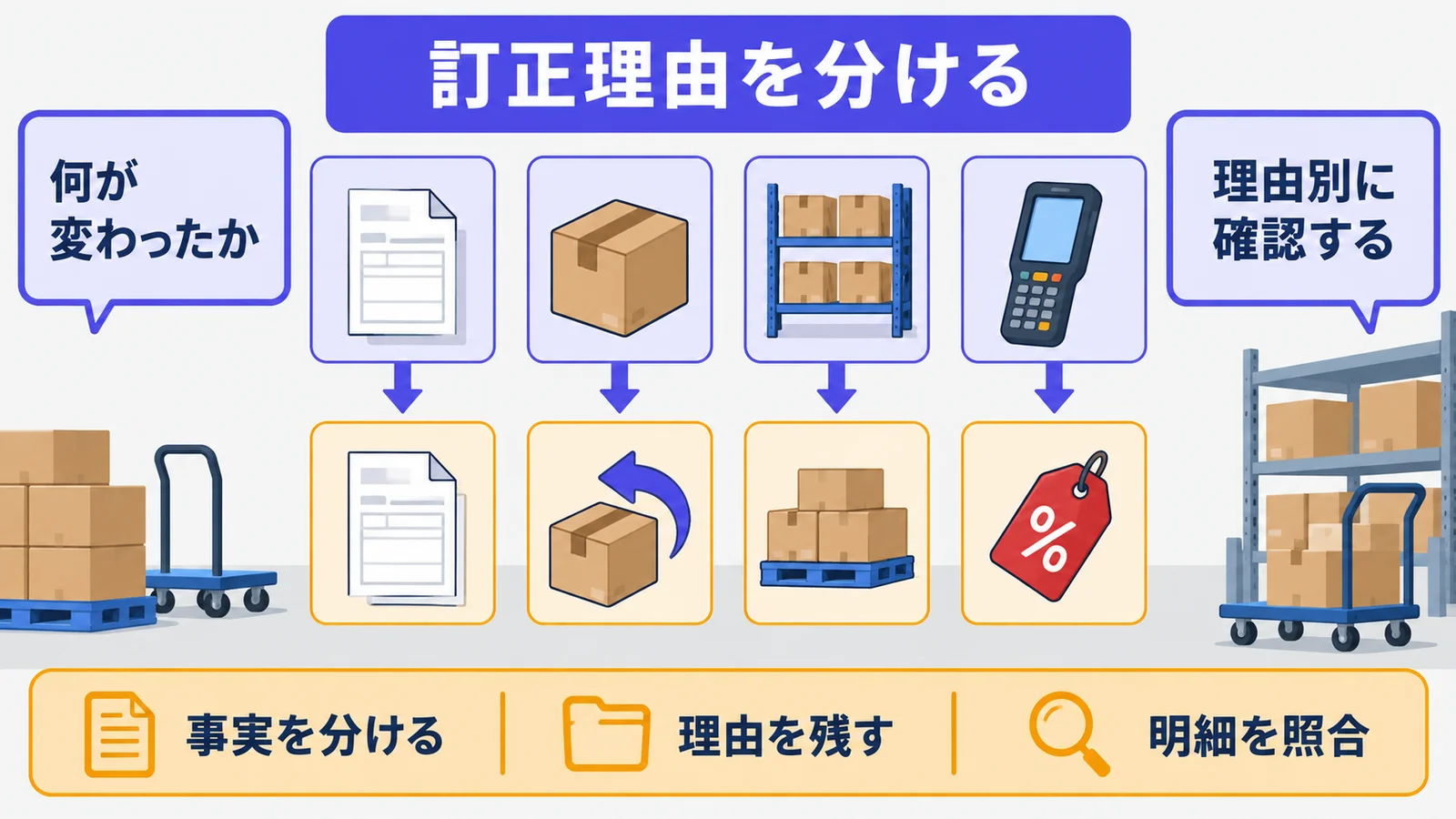 伝票訂正の理由を分類する帳票と伝票の控え