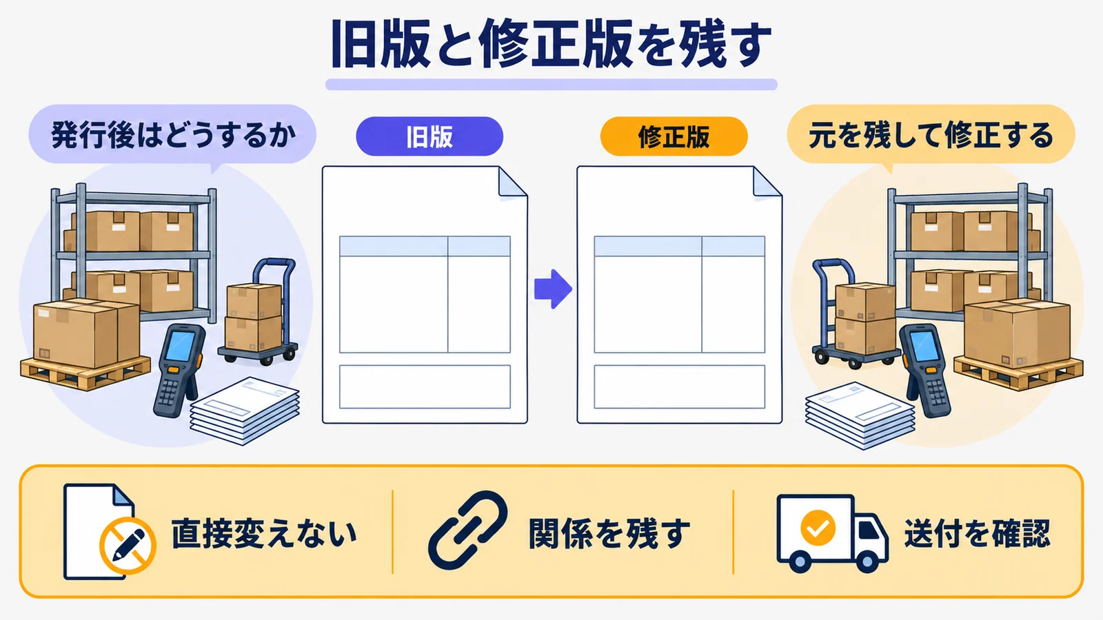旧版と修正版を矢印で結ぶ請求書とファイル