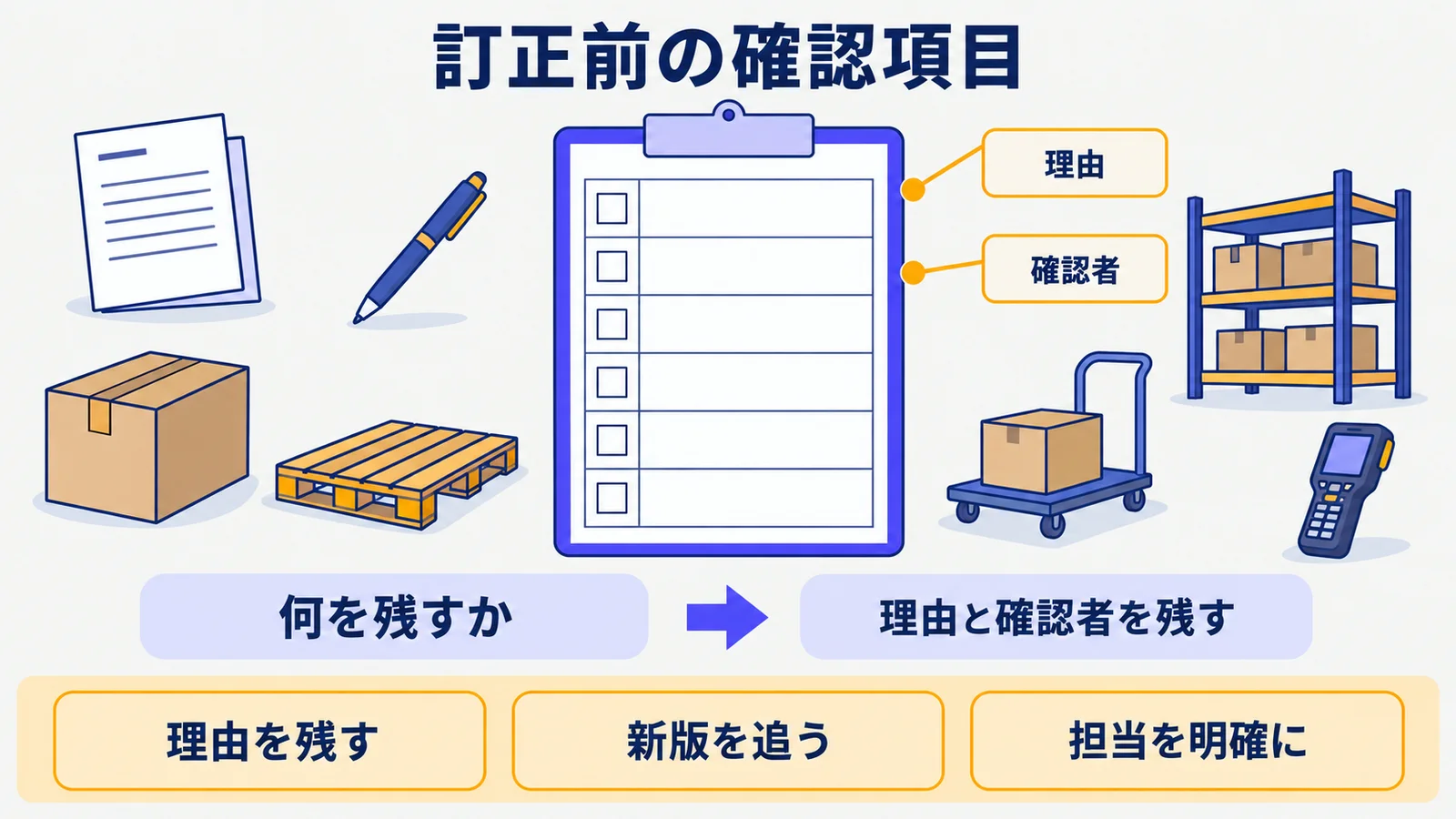 訂正理由と確認者を並べたチェック表とペン