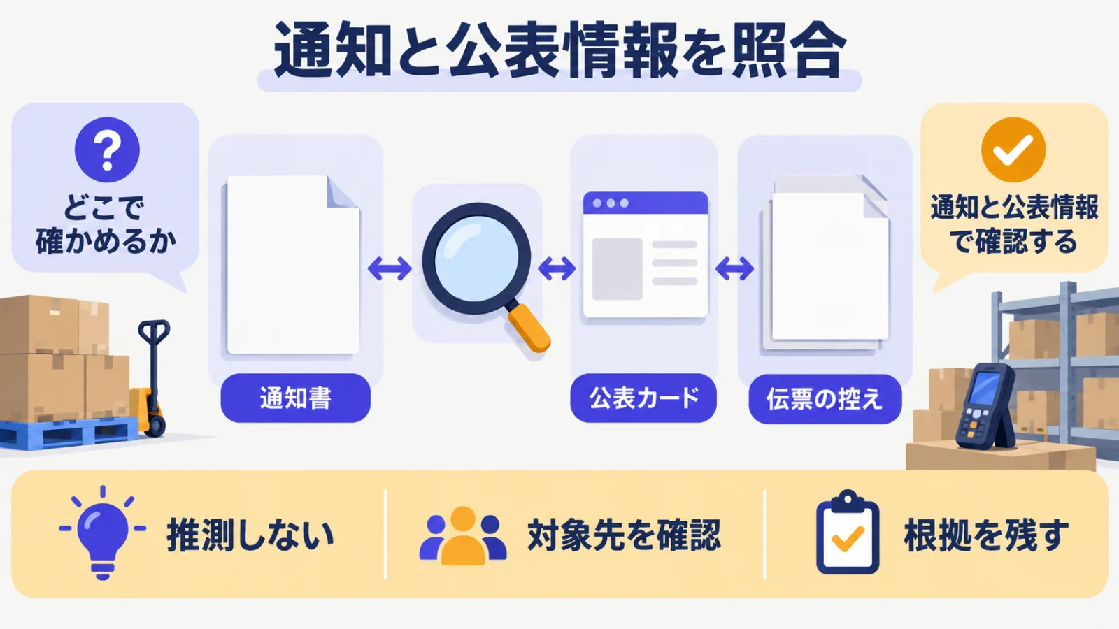通知と公表情報を照合する書類と虫眼鏡