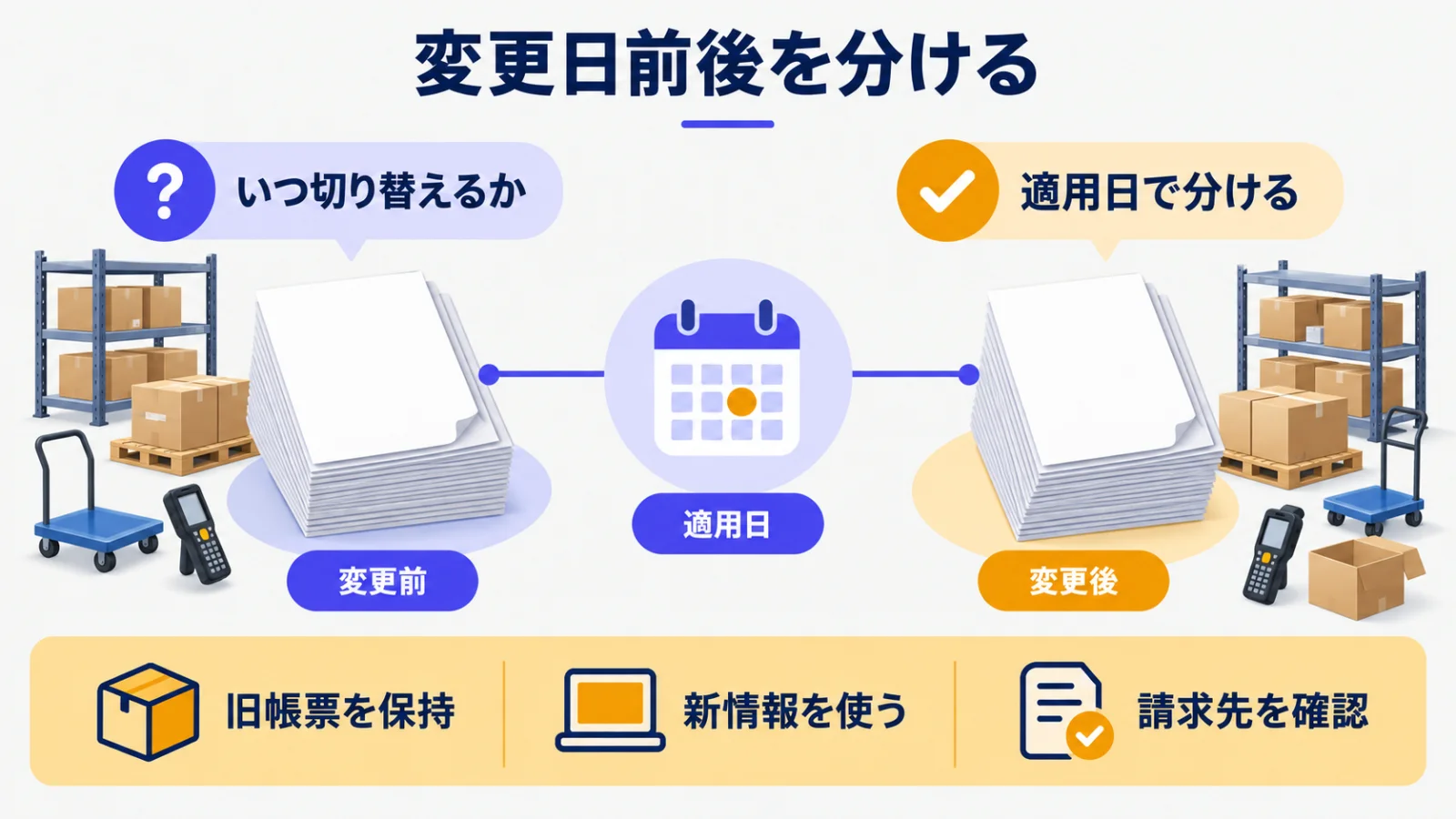 変更日前後の帳票を分ける二つの書類束