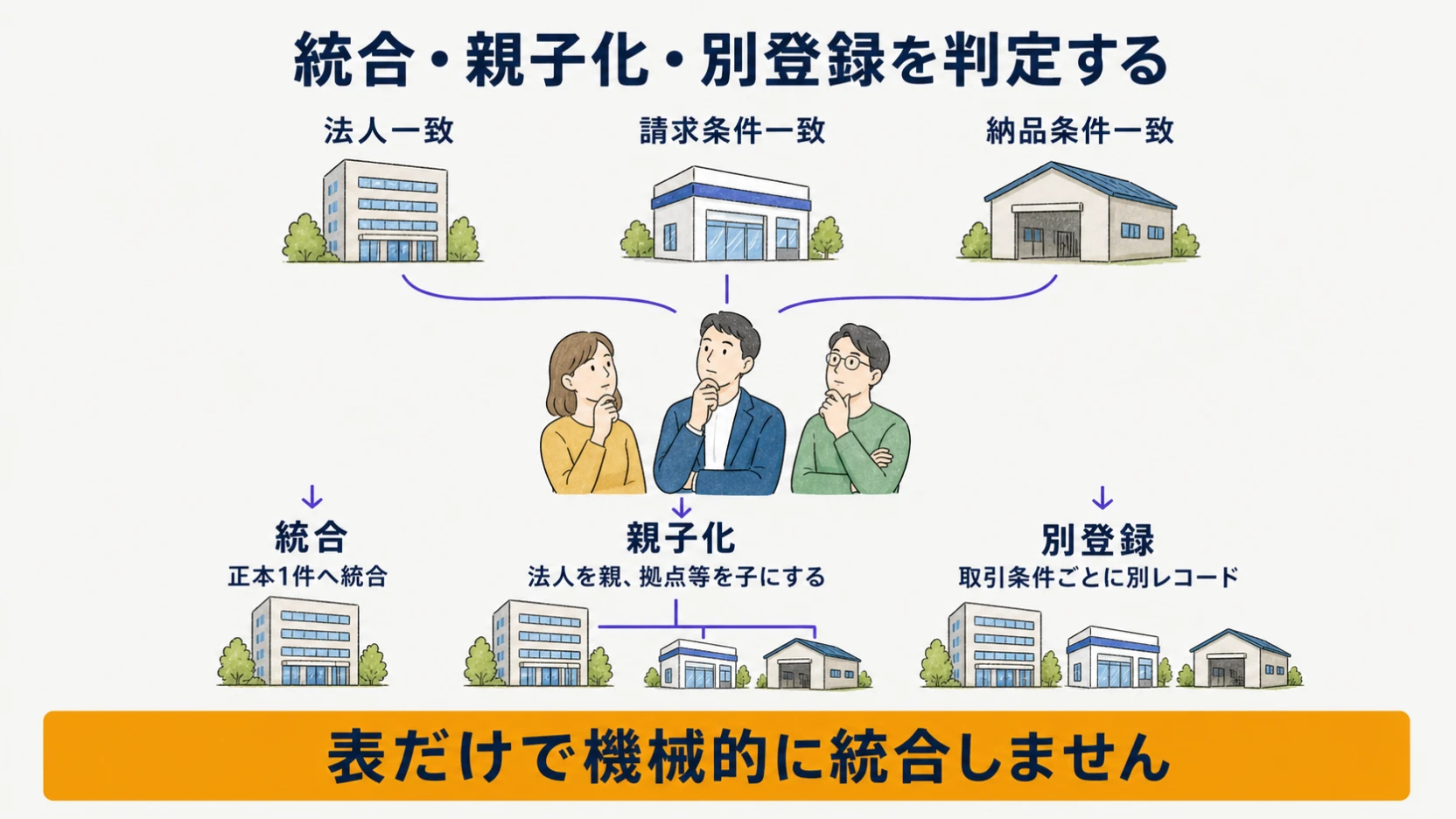 法人・請求・納品条件から統合・親子化・別登録を判定する3択マップ