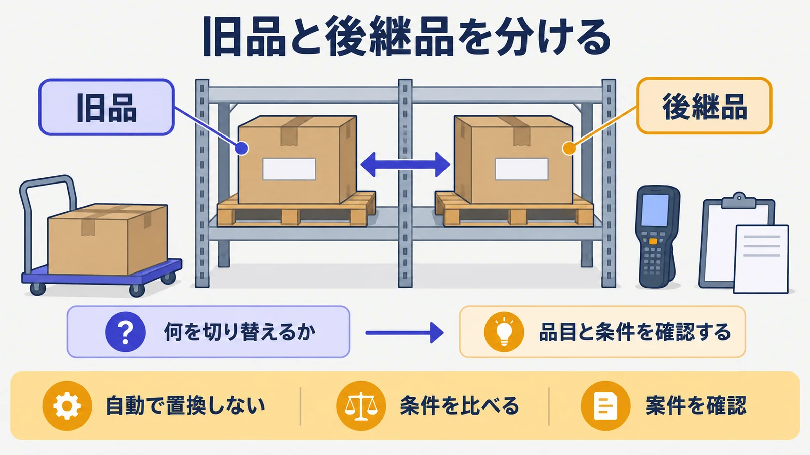旧品と後継品を並べた保管棚と段ボール箱