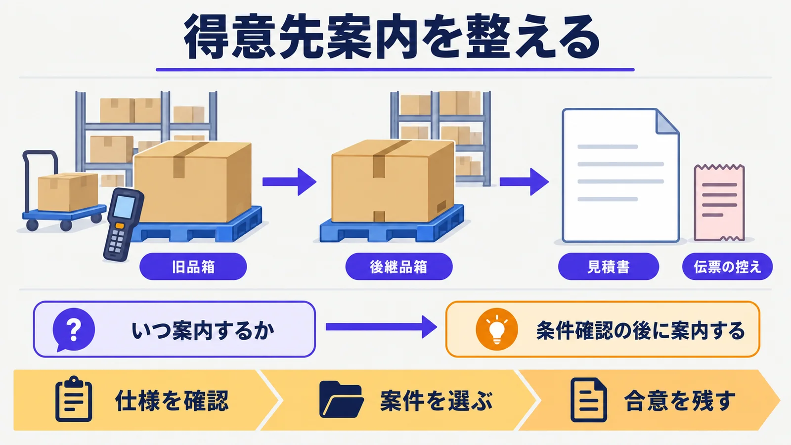 得意先案内と品目状態を確認する伝票とハンディターミナル