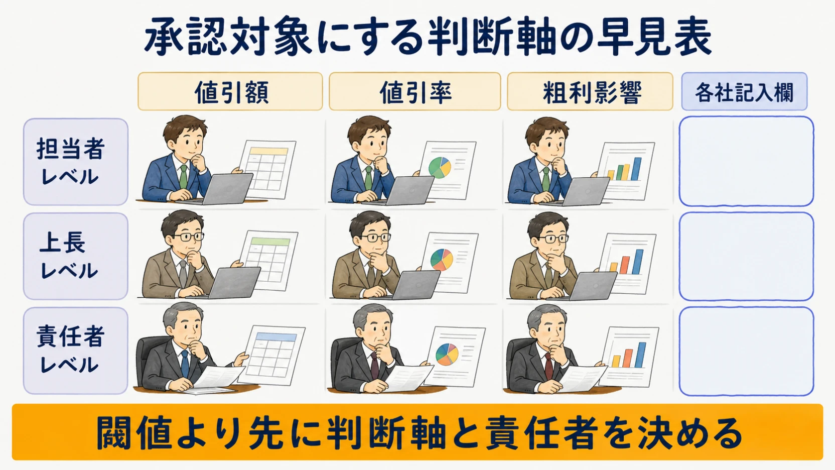 値引額・値引率・粗利影響の3判断軸と承認レベルの対応図