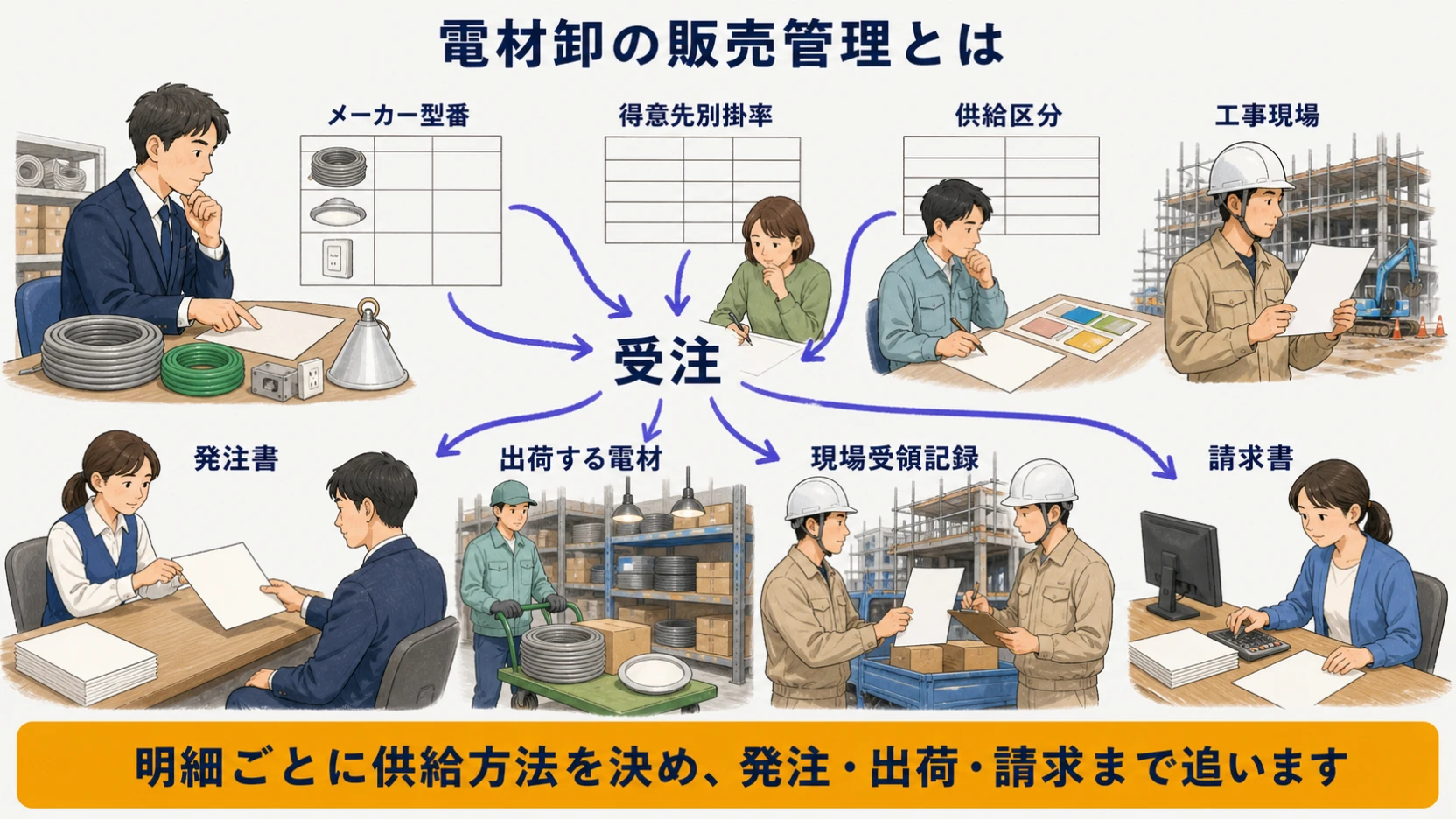 メーカー型番・得意先別掛率・供給区分・工事現場を同じ受注へ結ぶ全体図