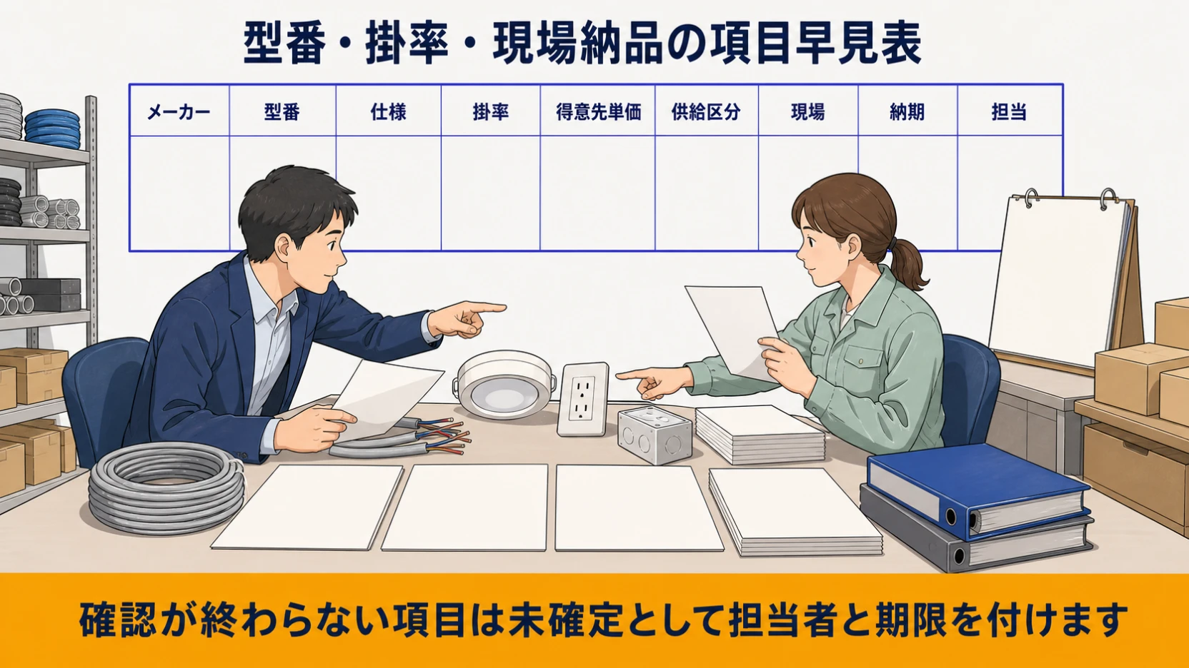 メーカー・型番・仕様・掛率・得意先単価・供給区分・現場・納期を整理する図