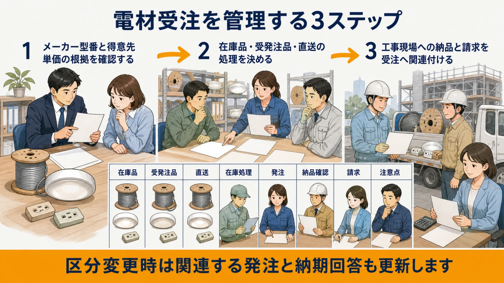 型番と単価の確認・供給区分の決定・現場納品と請求の関連付けを示す3ステップ