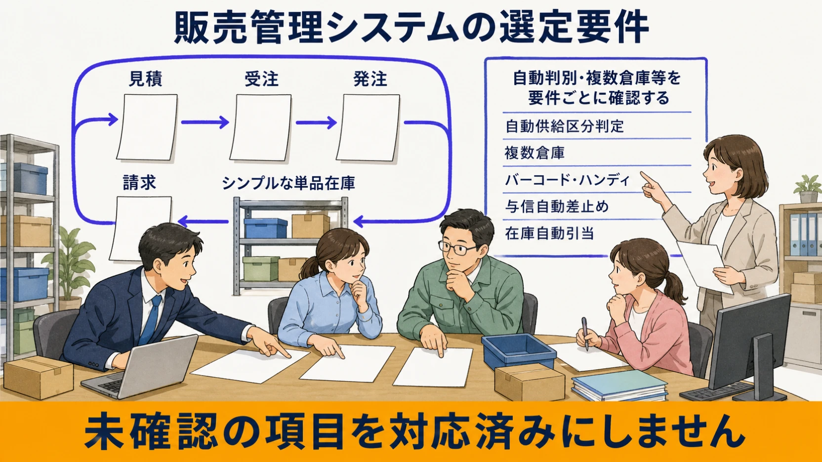 見積・受注・発注・在庫・請求の一体性と追加要件の確認範囲を示す図
