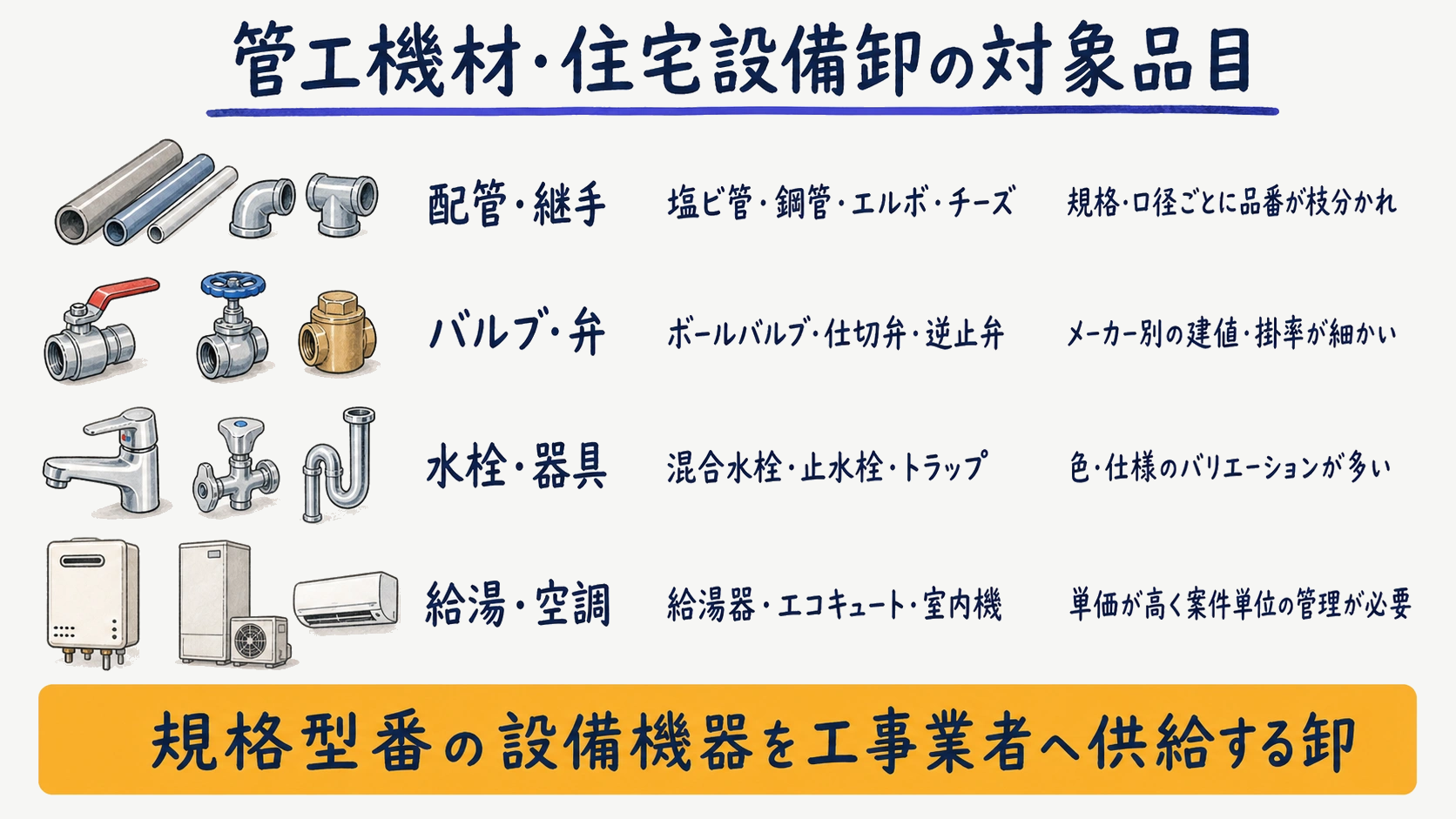 住宅設備・管材卸の対象品目を配管・バルブ・水栓・給湯器のカテゴリで示した早見表の図解