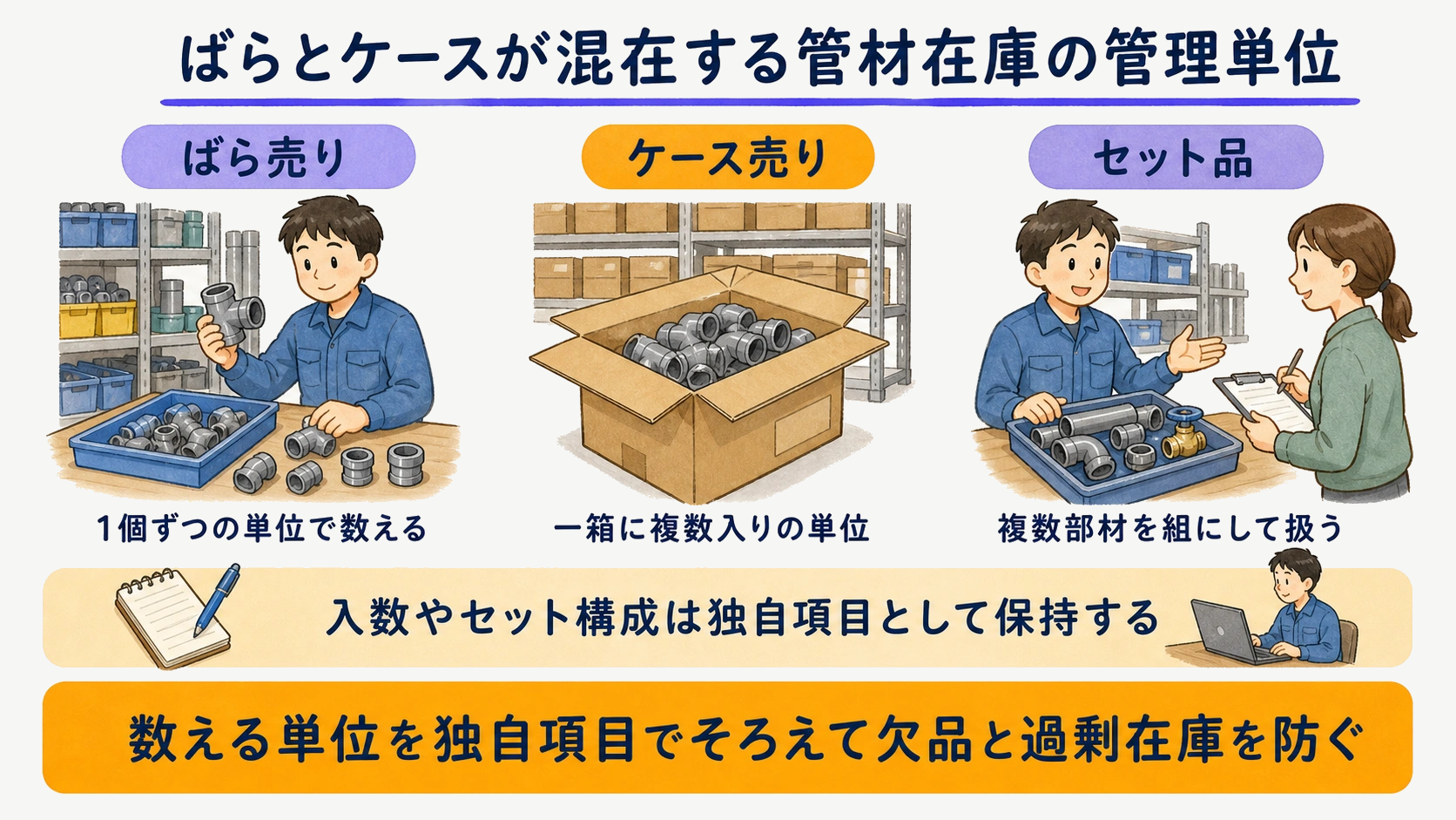 規格型番のバラ売りとケース売りが混在する管材在庫の管理単位を整理した図解