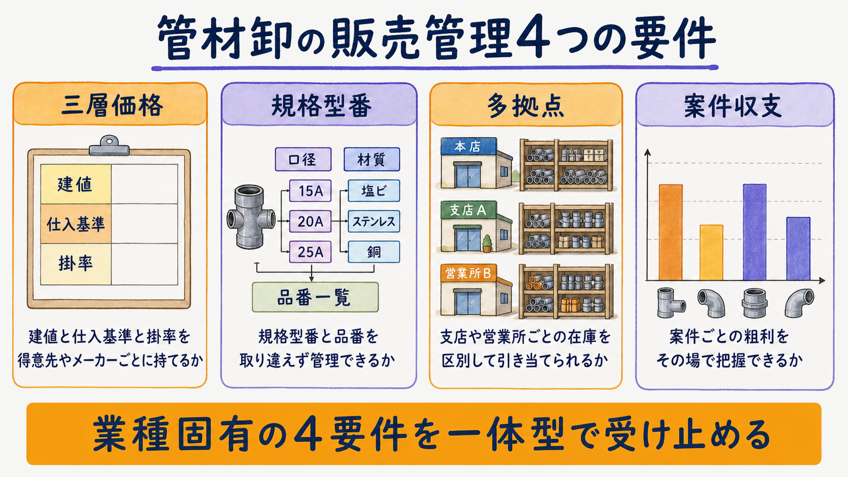 管材卸の販売管理の要件を三層価格・規格型番・多拠点・案件収支の4軸でまとめた総括図解